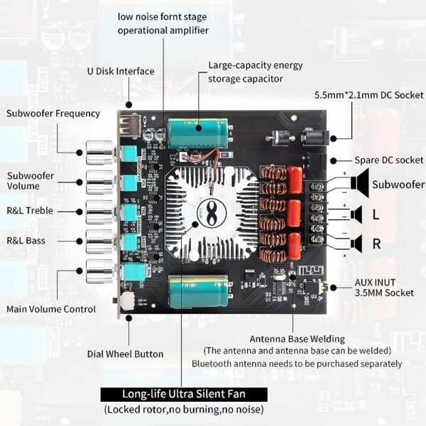 540W Bluetooth Power Amplifier Board with Subwoofer 2.1 Channel 160W×2+220W, 15V-36V Audio Power Amplifier Module with Treble and Bass Control - Image 2