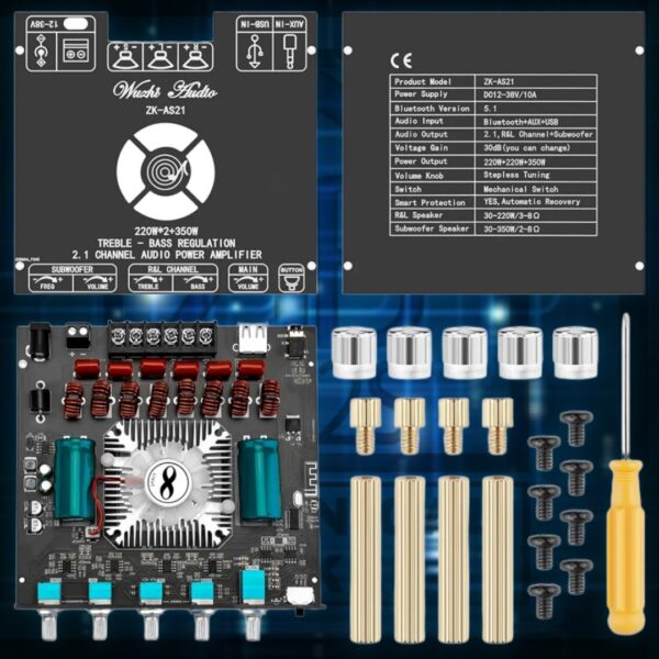 ZK-AS21 220W*2+350W 2.1 Bluetooth Power Amplifier Board with TPA3255 Chip, 18V-36V Bluetooth Speaker Audio Amplifier Module - Image 4